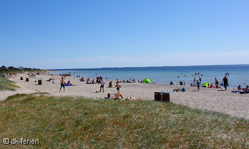 Blick auf den Strand von Karrebæksminde mit Menschen beim Sonnen und Baden